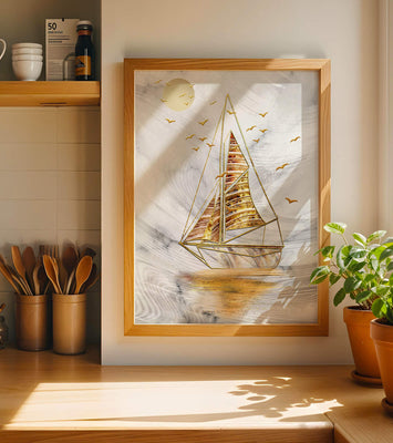Elegant sailboat with gold elements against a textured sky