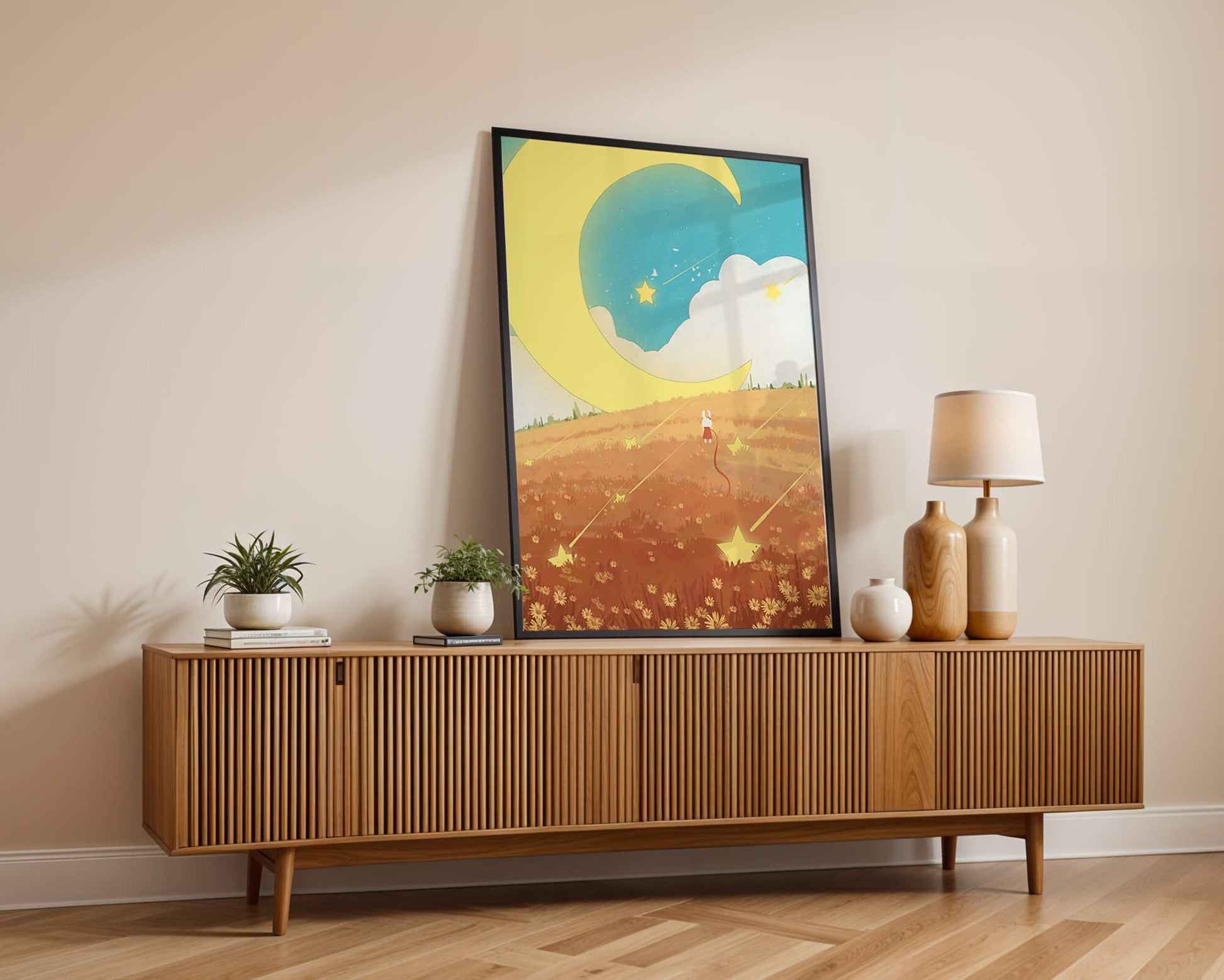 Dreamy Nighttime Landscape with Moon and Stars in a Field