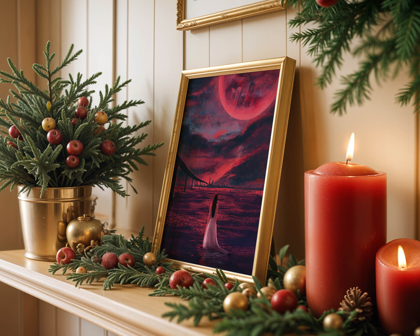 Dreamlike landscape with bridge and red night sky