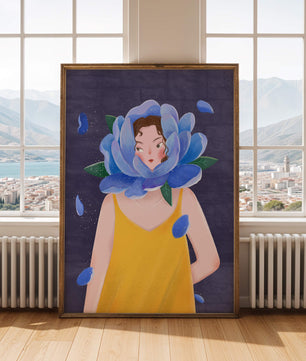 Illustration of woman with blue flower head and yellow dress