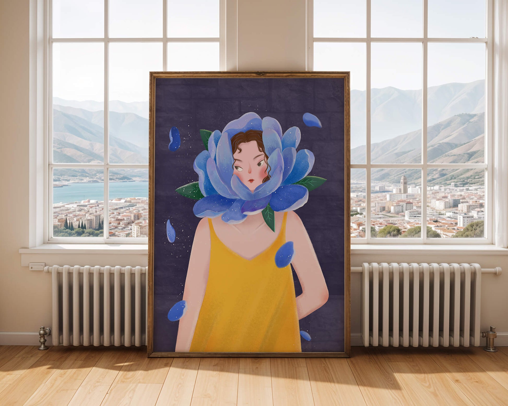 Illustration of woman with blue flower head and yellow dress