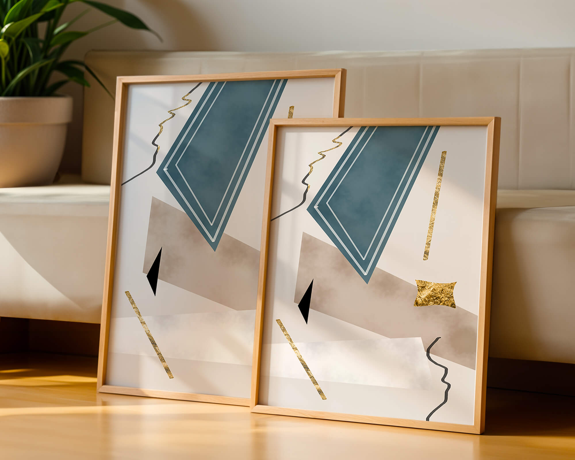 Abstract geometric artwork with gold accents and dynamic shapes