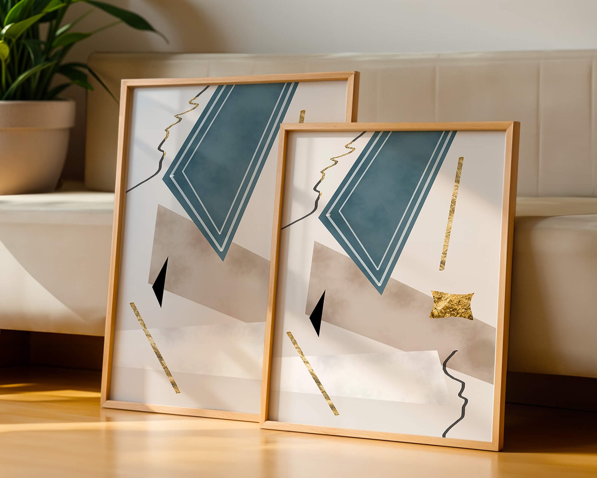 Abstract geometric artwork with gold accents and dynamic shapes