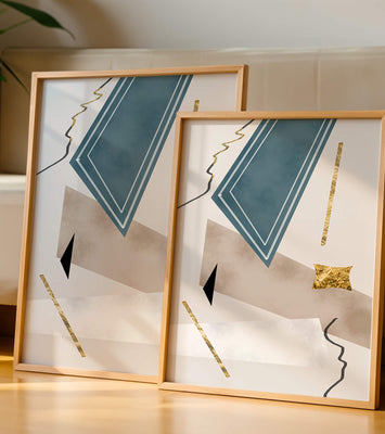 Abstract geometric artwork with gold accents and dynamic shapes