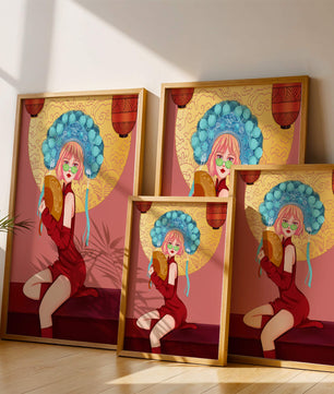 Elegante Illustration einer Frau in traditioneller Kleidung mit einem Fächer