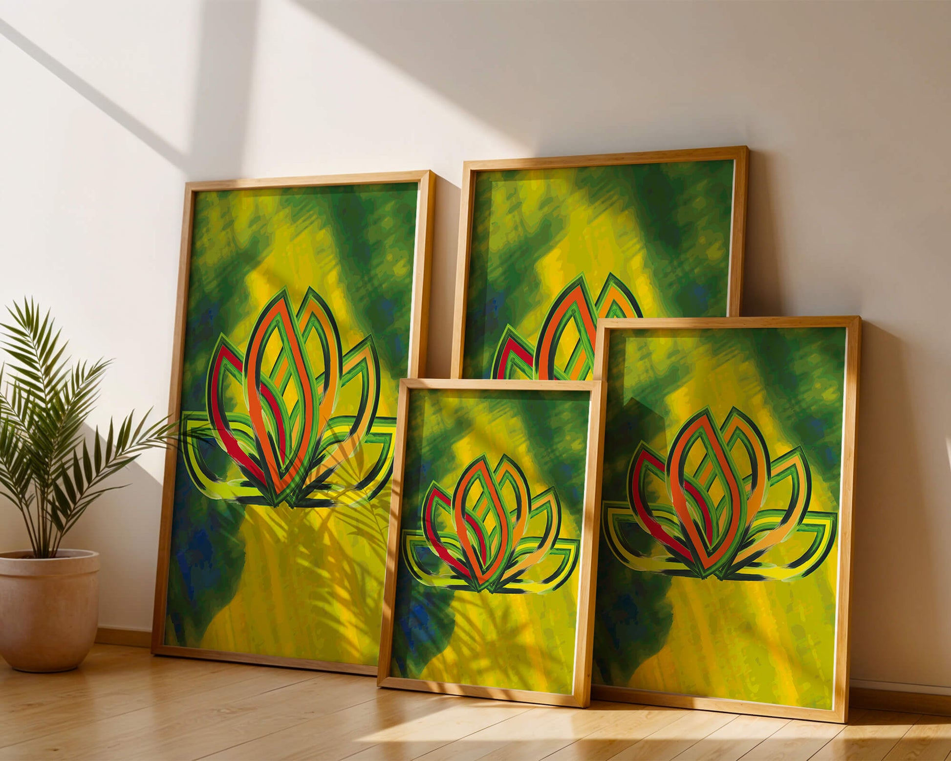 Diseño abstracto de loto con colores vivos y formas orgánicas