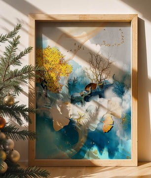 Surreal Nature Scene with Elephants and Golden Leaves