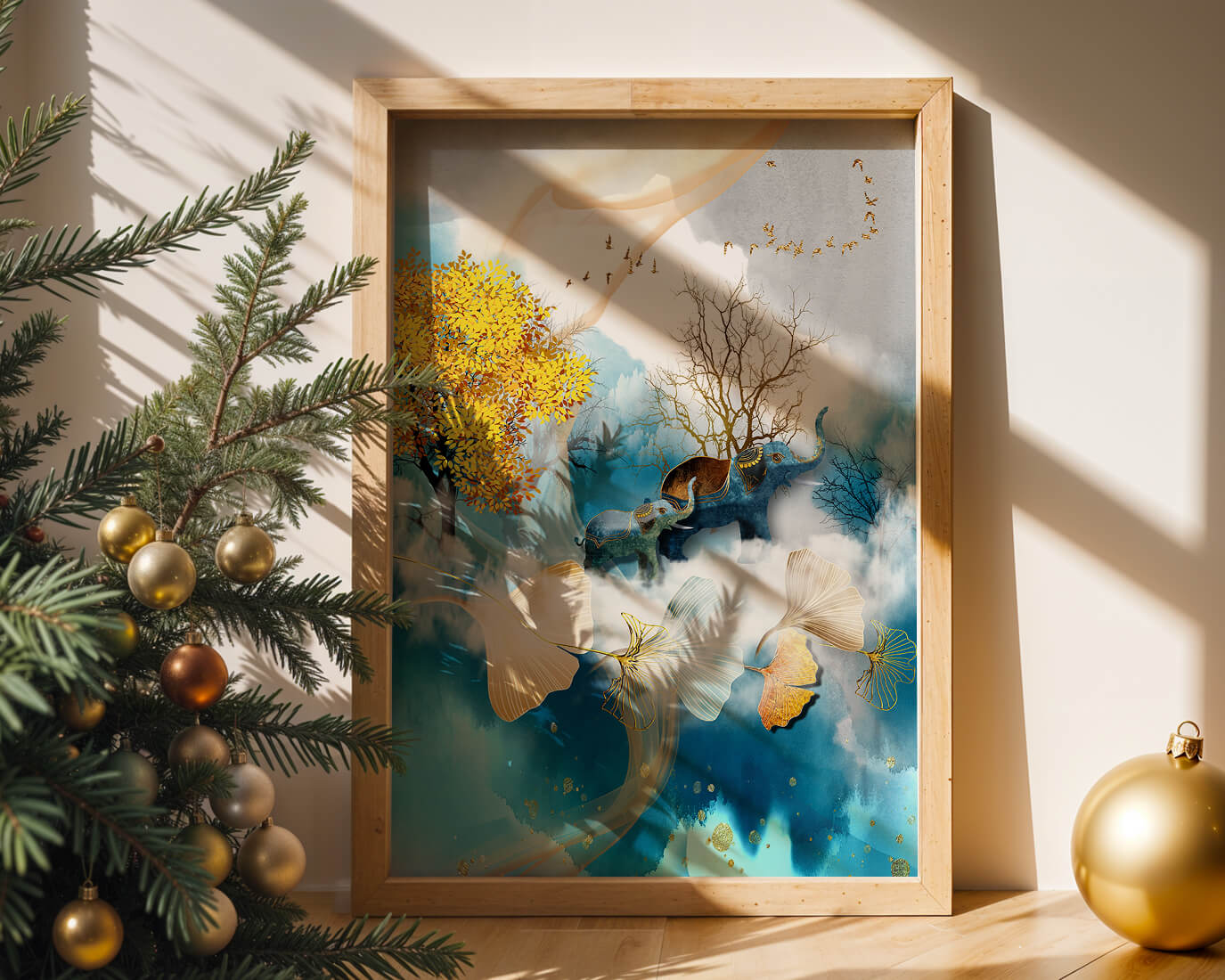 Escena surrealista de la naturaleza con elefantes y hojas doradas