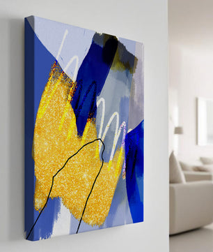 Pintura abstracta azul y amarilla con detalles dorados
