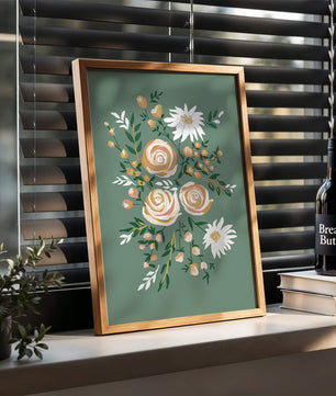 Floral illustration with roses and daisies on green background