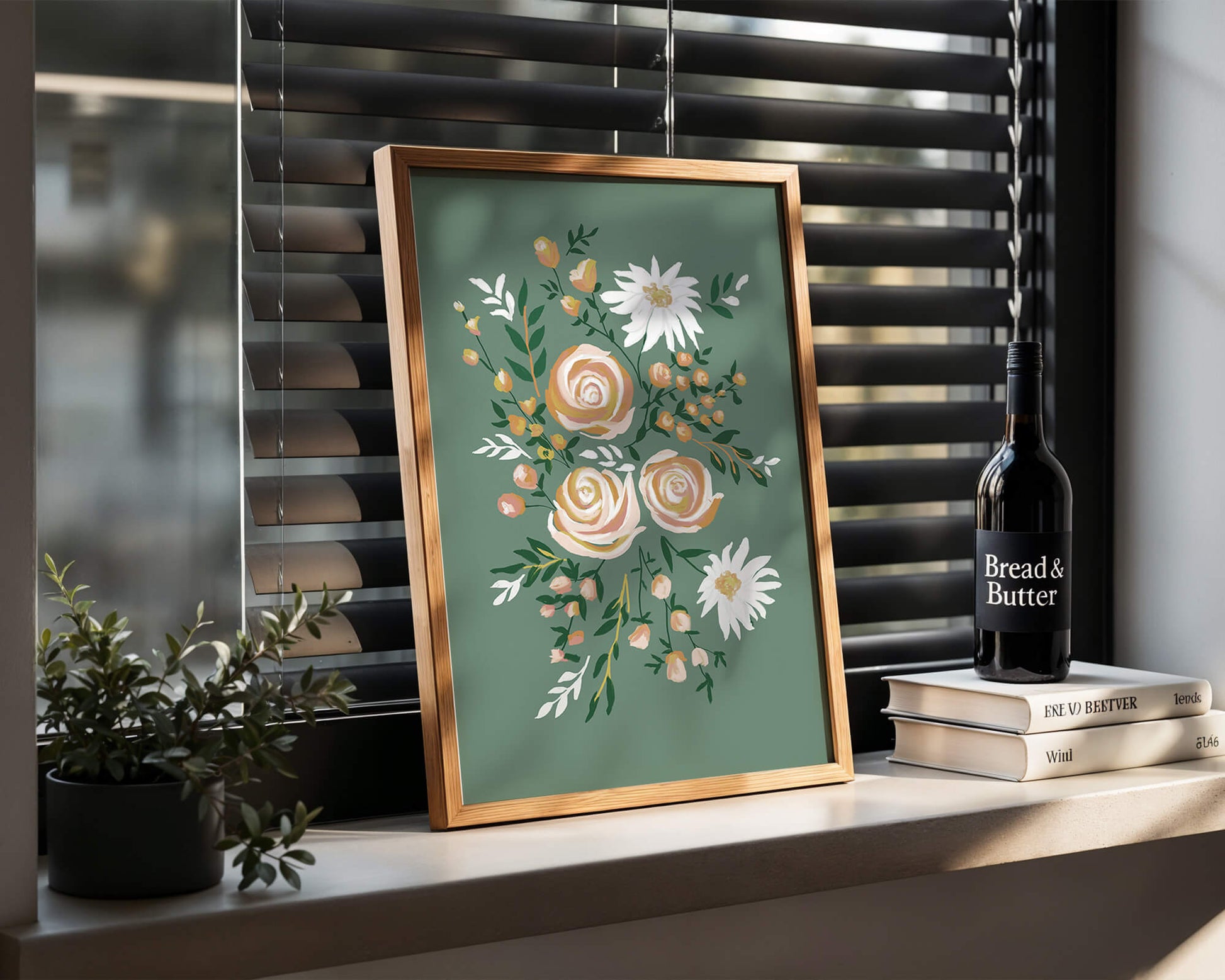 Floral illustration with roses and daisies on green background