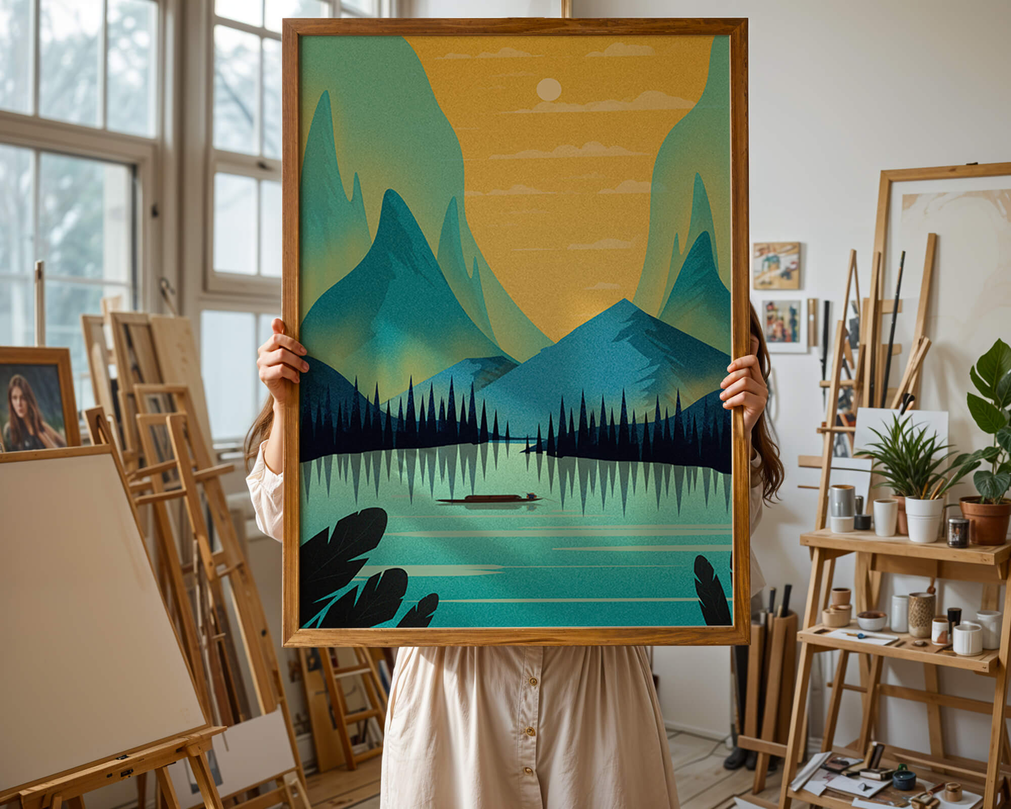 Serene lake landscape with mountains and sunset