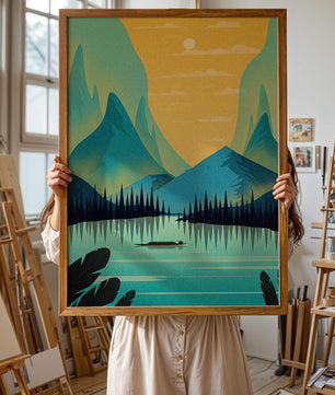 Serene lake landscape with mountains and sunset