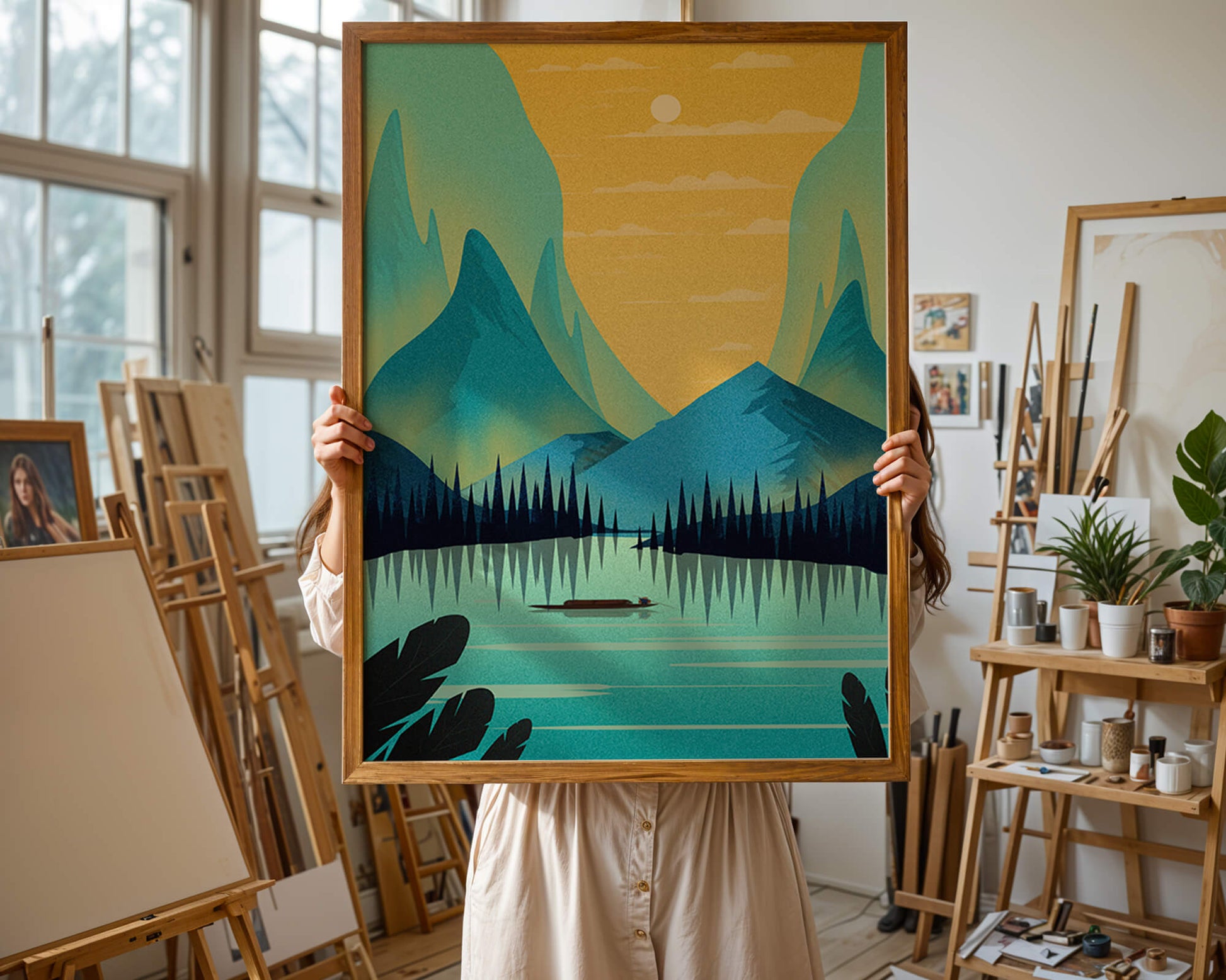 Serene lake landscape with mountains and sunset