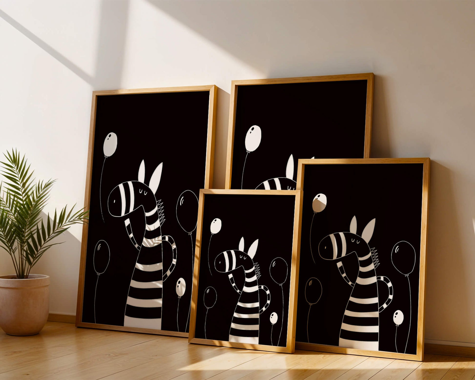 Cebra juguetona con globos en arte minimalista en blanco y negro