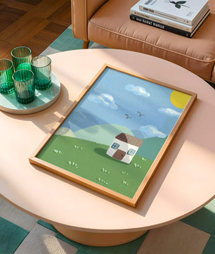 Illustration of a small house on a sunny hillside with clouds in a blue sky