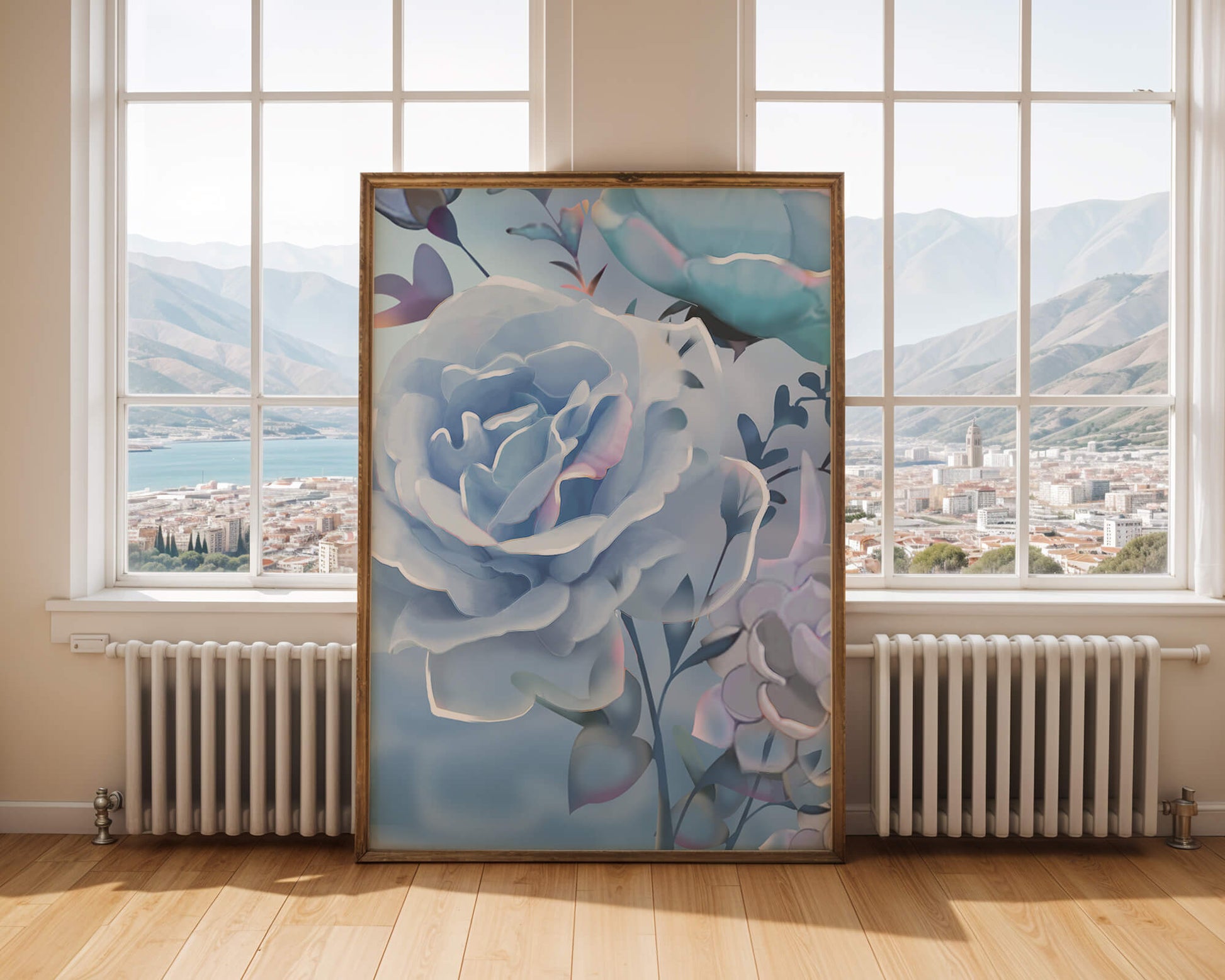 Rosas azules serenas con hojas delicadas sobre fondo suave