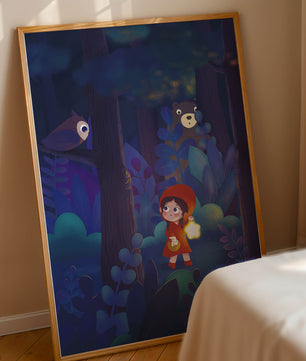 Little Girl in Red Hood Exploring Enchanted Forest at Night with Owl and Bear