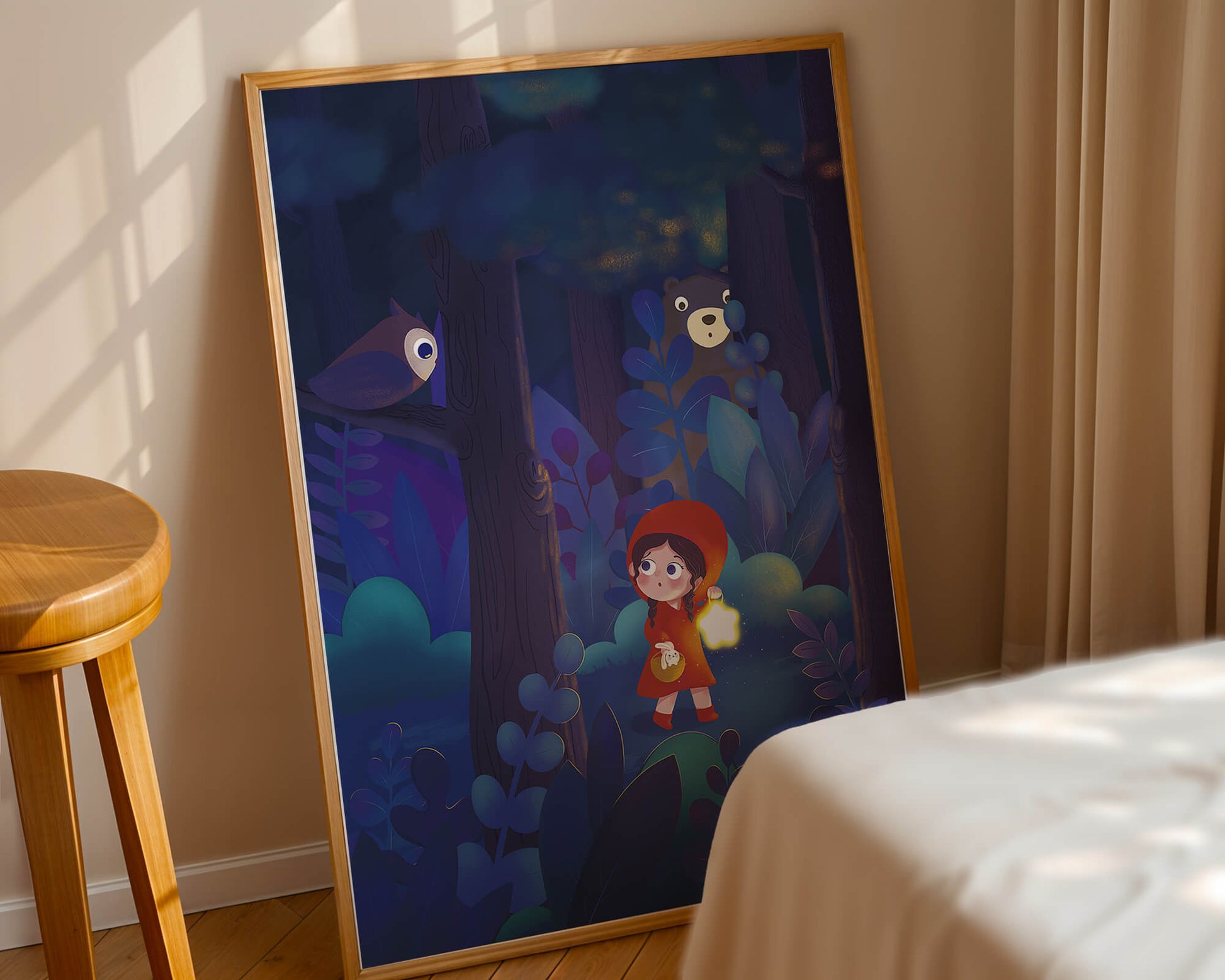 Little Girl in Red Hood Exploring Enchanted Forest at Night with Owl and Bear