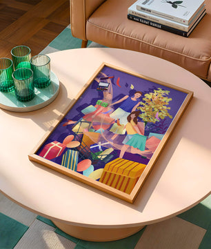 Illustration d'une expérience de shopping joyeuse en famille avec des cadeaux et des couleurs vives