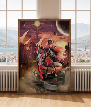 Futuristic Anime Warrior in a Dystopian Sci-Fi Cityscape