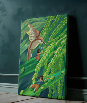 Aventure dans une jungle verdoyante avec des enfants et un oiseau