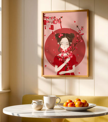 Charming illustration of a girl with flowers and floating petals