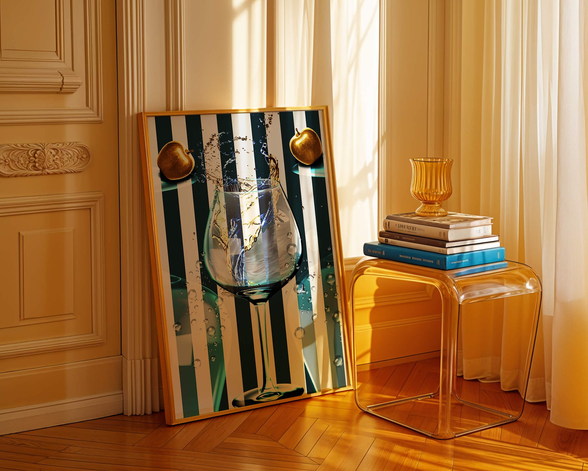 Elegant Glass of Champagne with Golden Apples and Striped Background