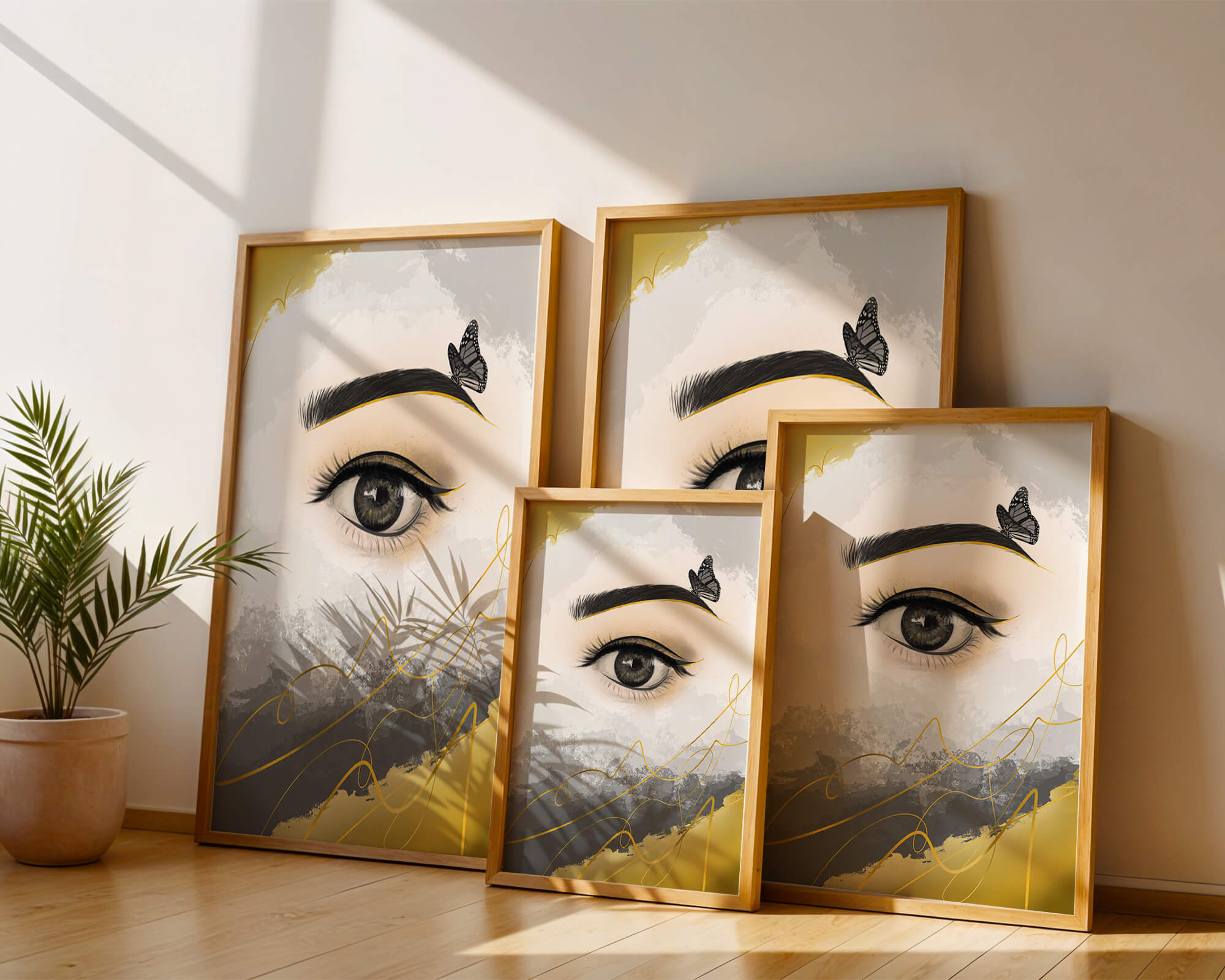 Artistic eye illustration with butterfly and abstract gold accents
