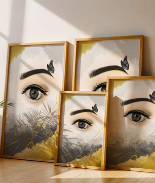 Artistic eye illustration with butterfly and abstract gold accents