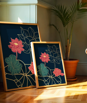 Vibrant Lotus Flowers on Dark Background with Gold Outline