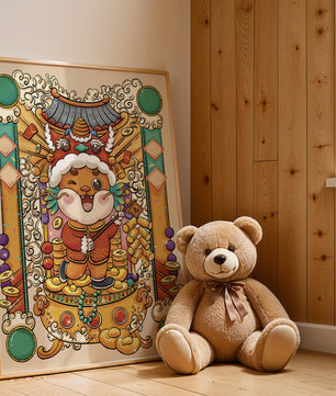 Bunte Illustration eines niedlichen Tieres in traditioneller Festtagskleidung mit goldenen Elementen