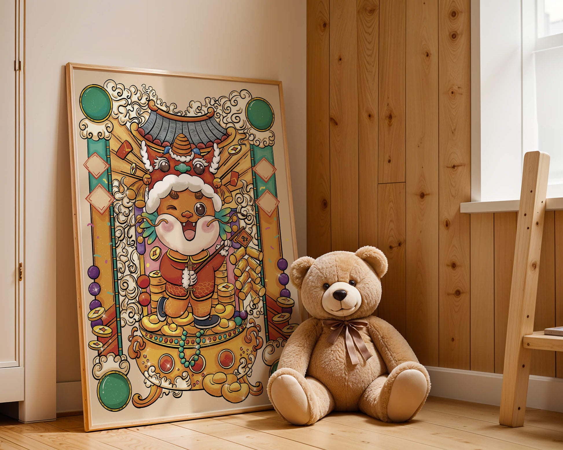 Ilustración colorida de un animal lindo en atuendo festivo tradicional con elementos dorados