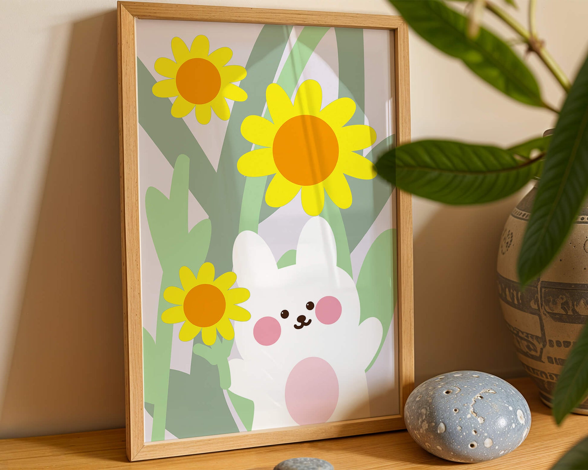 Adorable bunny with vibrant flowers cartoon illustration