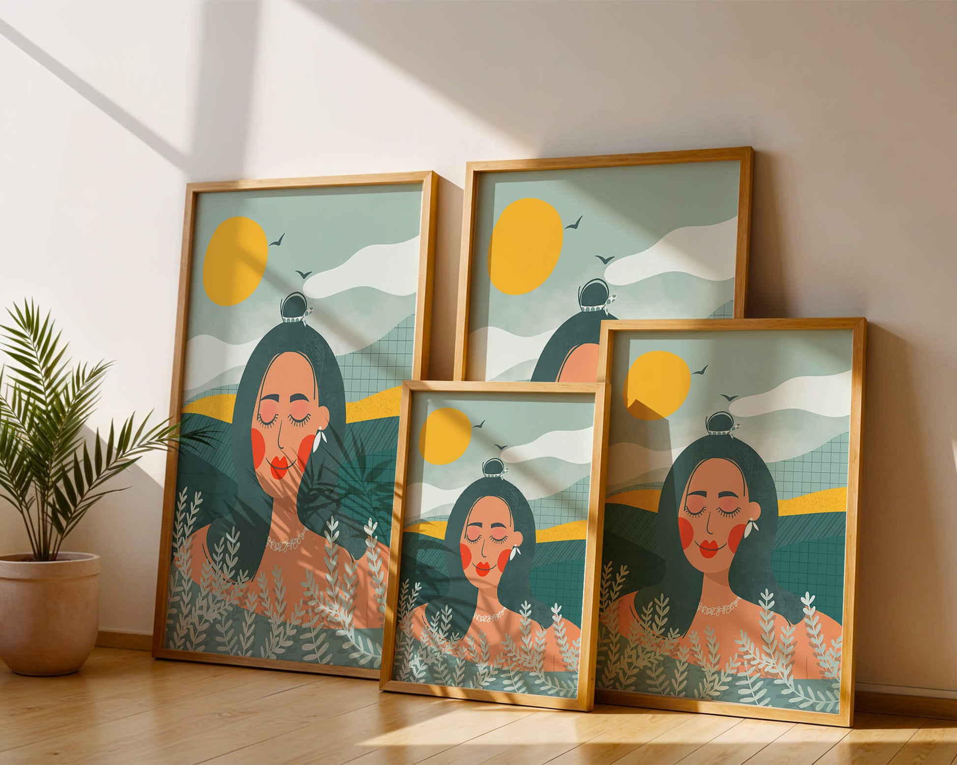 Portrait féminin abstrait et serein avec des éléments de nature