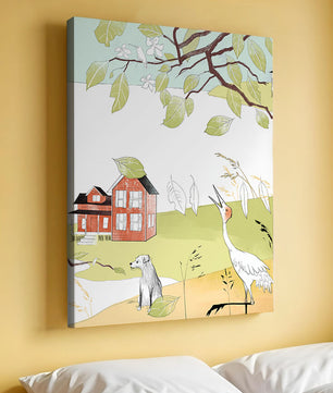 Tranquil rural landscape illustration with house, dog, and crane