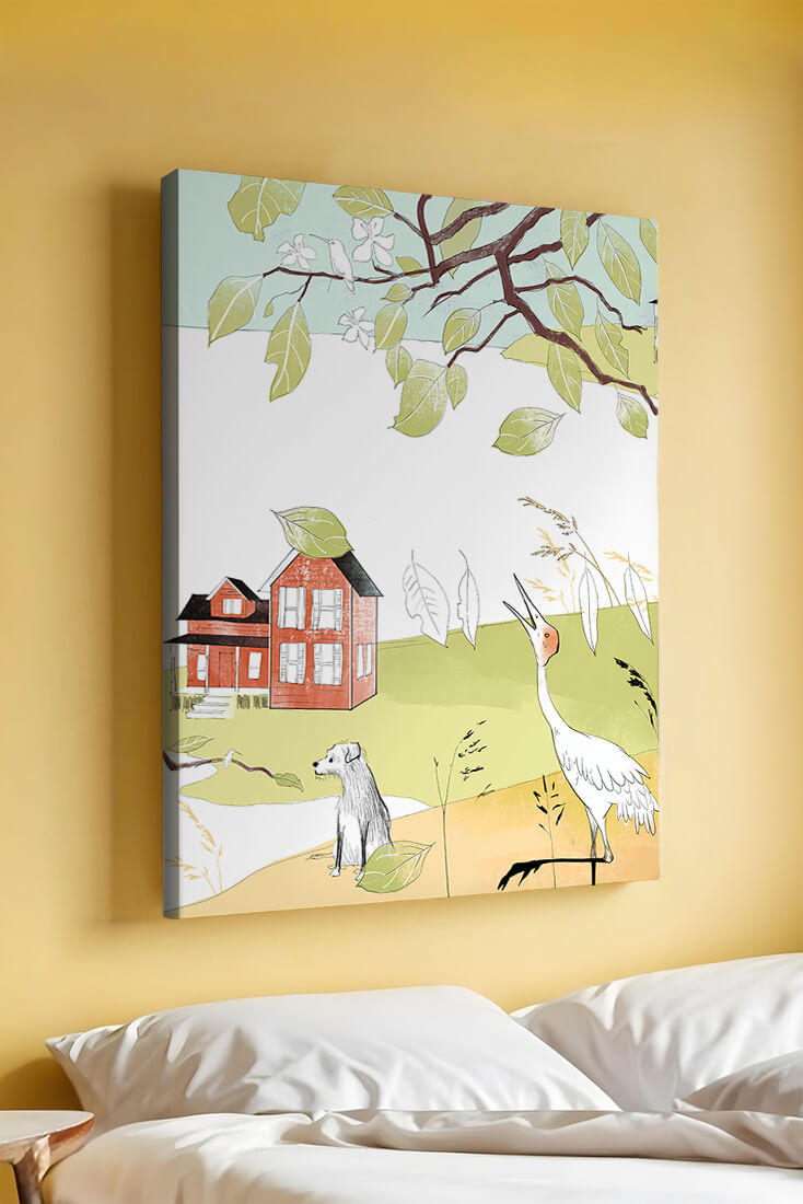 Tranquil rural landscape illustration with house, dog, and crane
