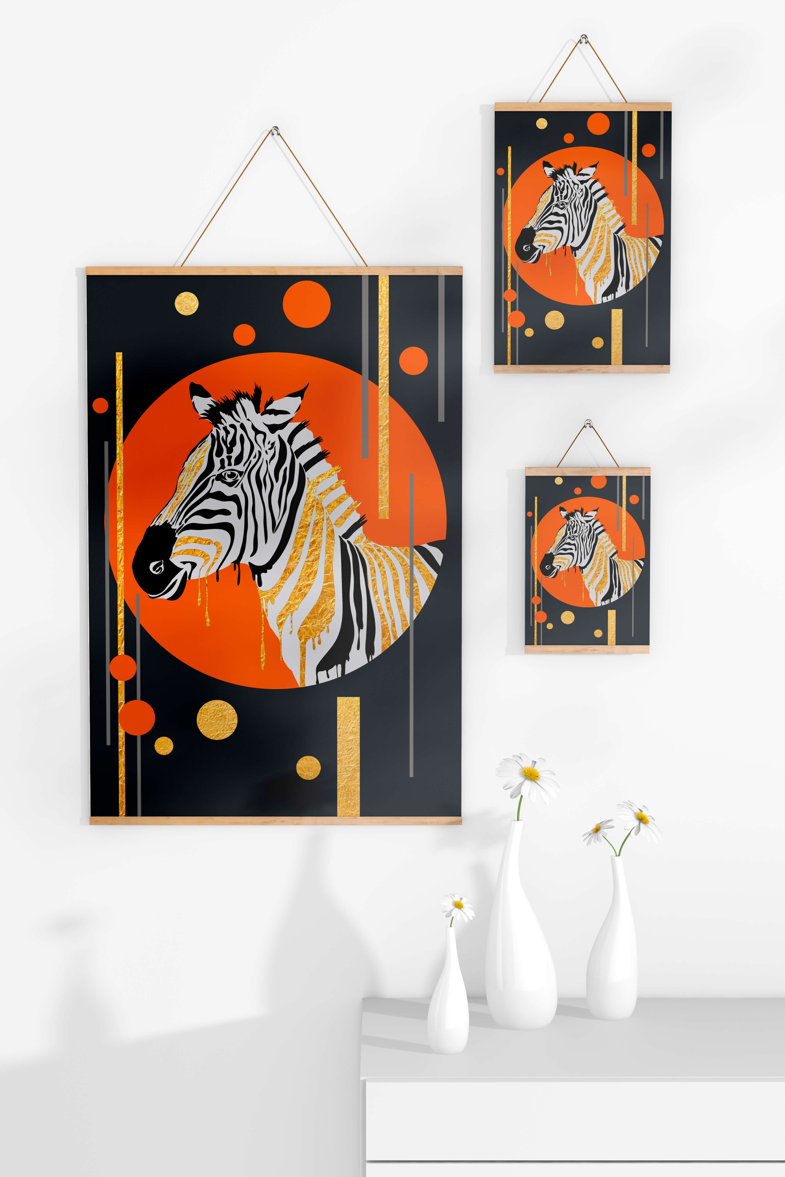 Modern zebra art with golden accents on abstract background