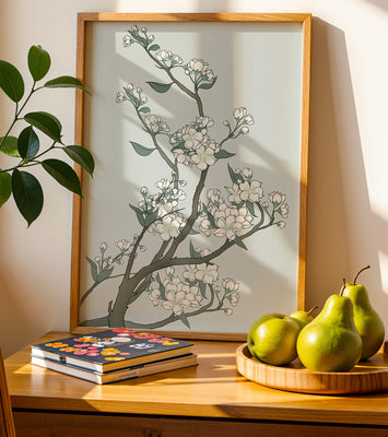 Delicate cherry blossoms on a soft blue background