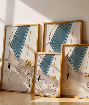 Abstraktes geometrisches Kunstwerk mit goldenen Akzenten und dynamischen Formen