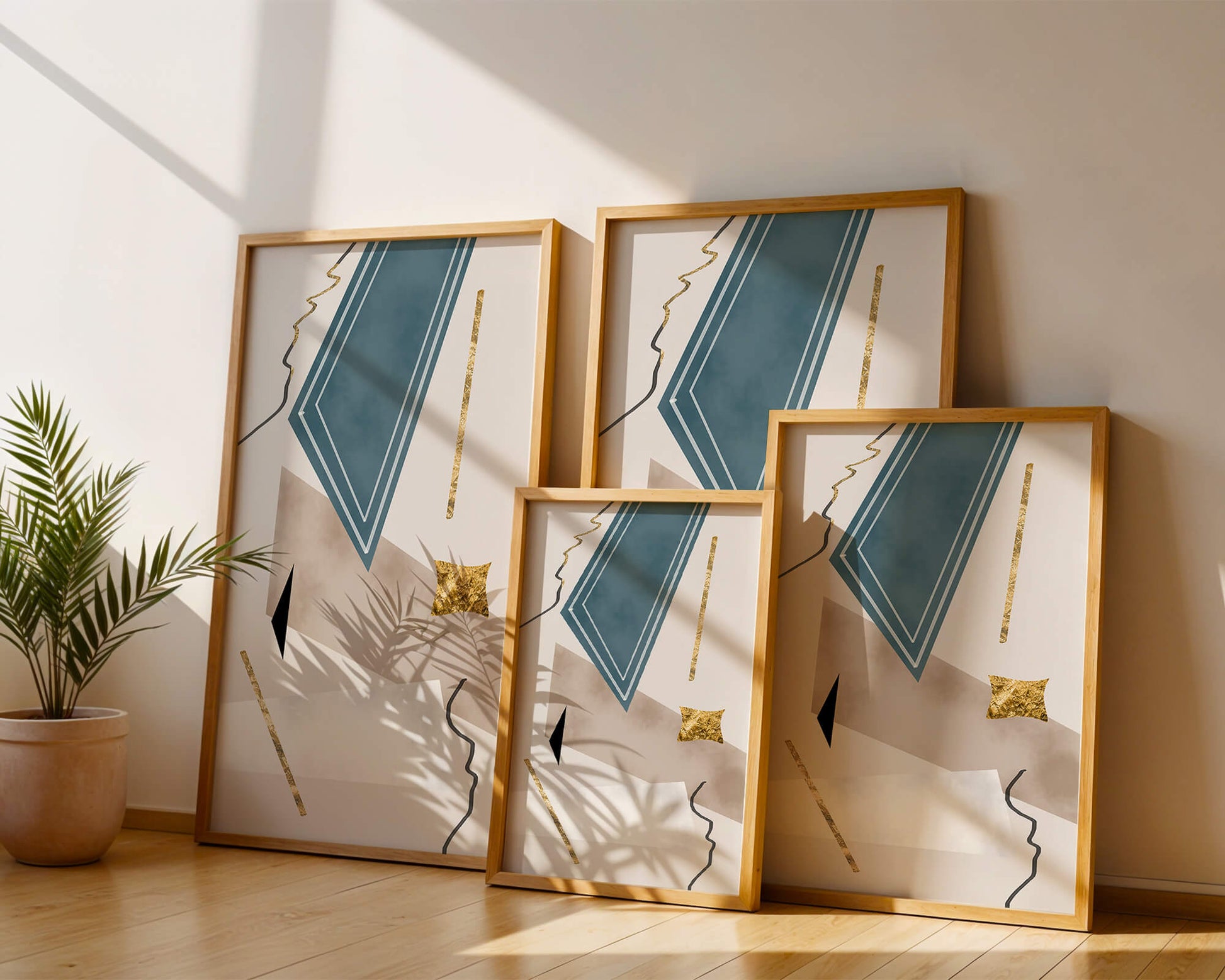 Abstract geometric artwork with gold accents and dynamic shapes