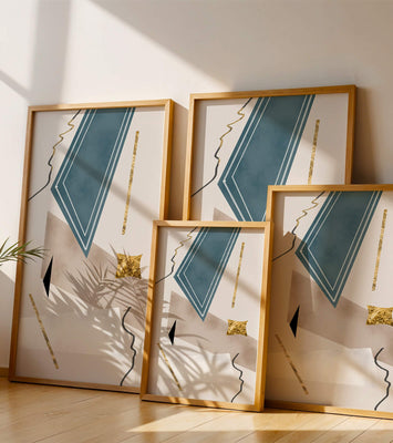 Abstract geometric artwork with gold accents and dynamic shapes