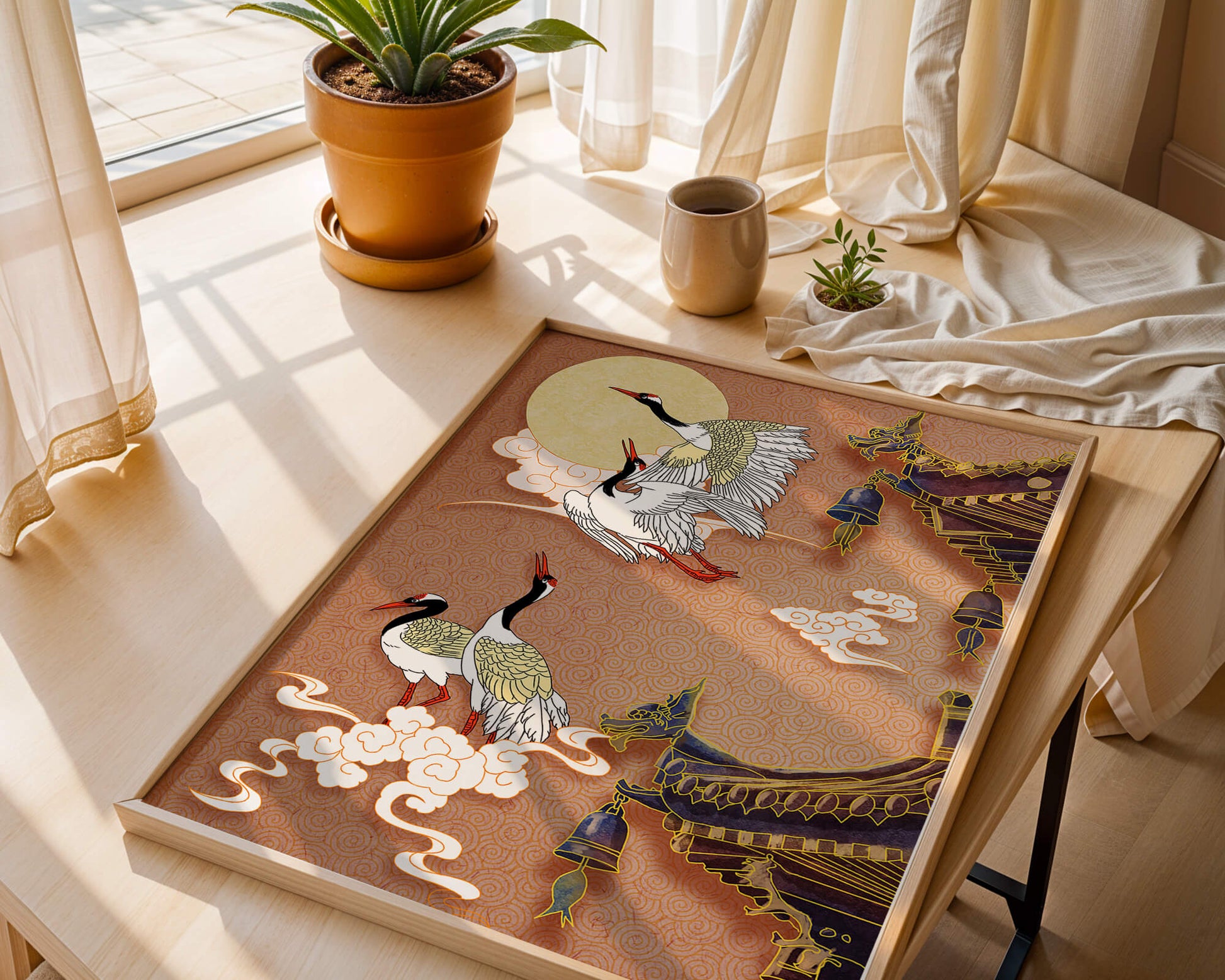 Oriental crane art with golden accents and architectural design