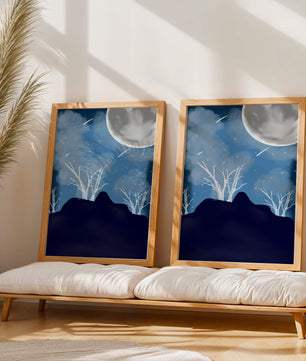 Paysage nocturne d'hiver avec arbres nus et pleine lune