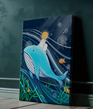 Whimsisches Unterwasserszenario mit Kind und Blauwal