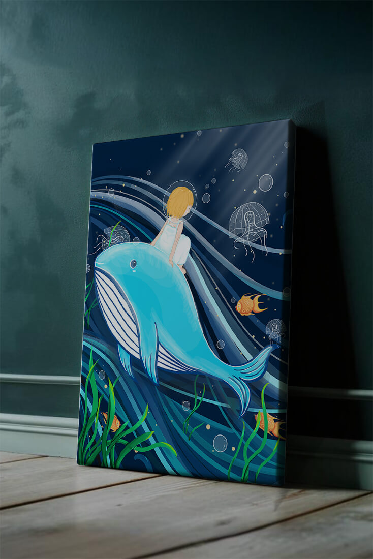 Whimsisches Unterwasserszenario mit Kind und Blauwal