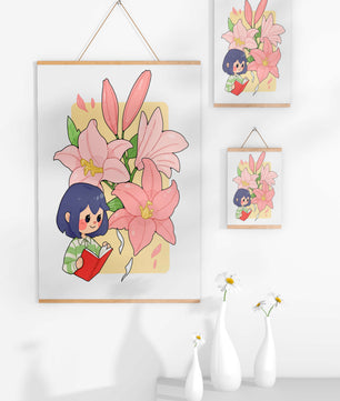 Illustration d'une fille lisant avec de grands lys roses en arrière-plan