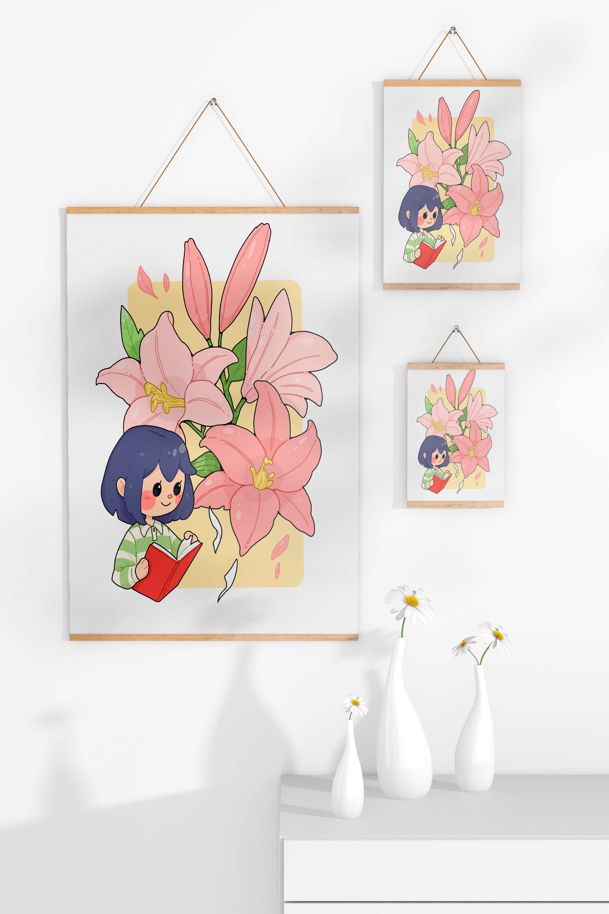 Illustration of a girl reading with large pink lilies in the background