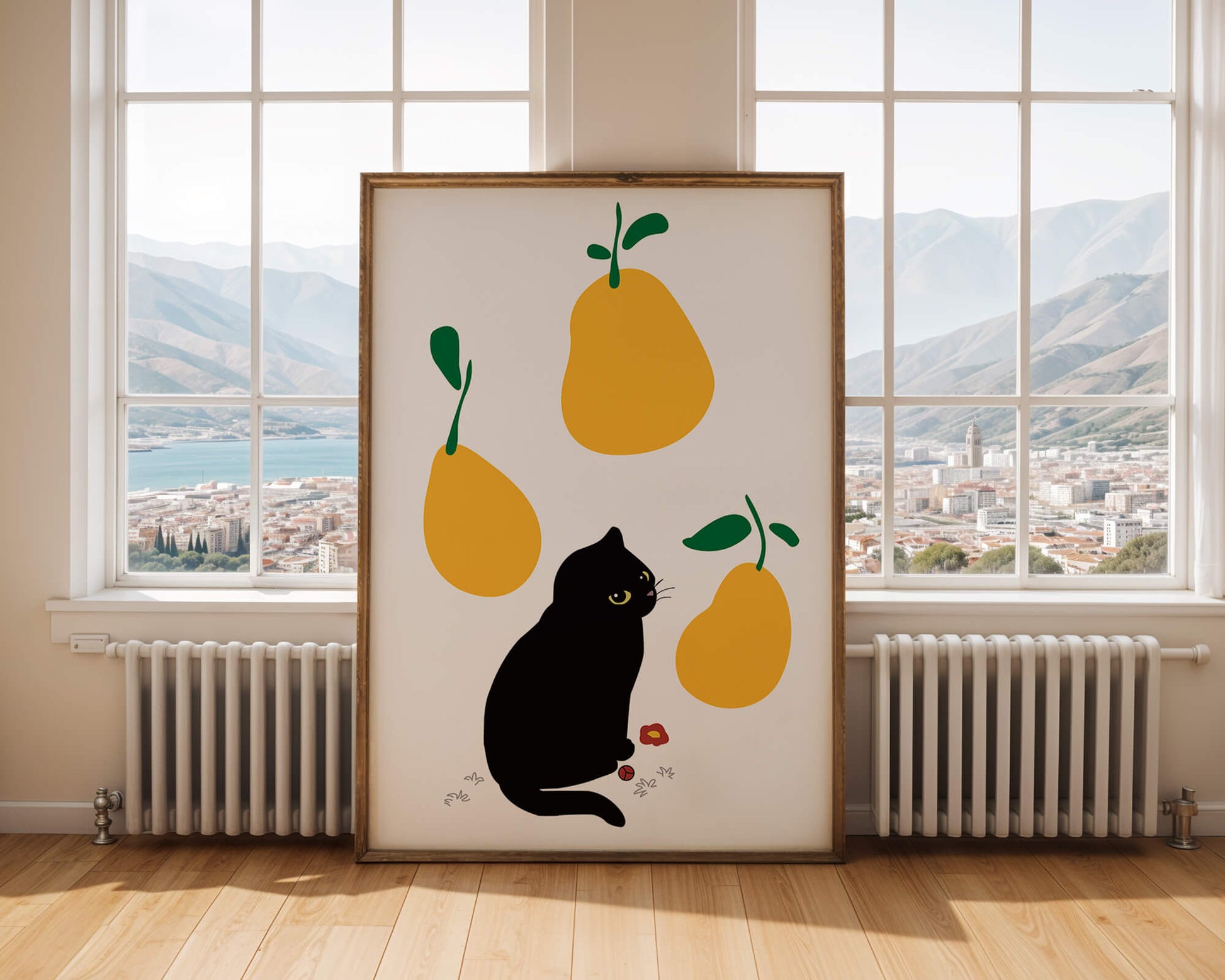 Ilustración de gato negro con peras amarillas y hojas verdes