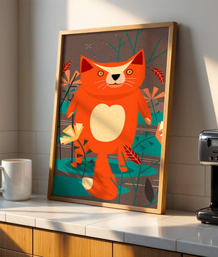 Illustration Of A Cute Orange Cat Surrounded By Stylized Trees And Plants